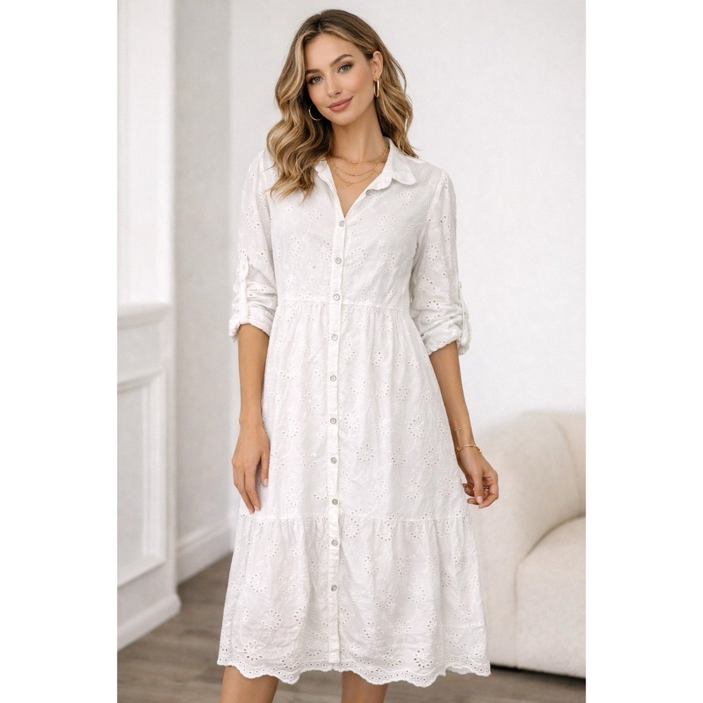 Vintage Cottagecore Eyelet Midi Dress‎ Button Down Romantic Boho M Made in Italy